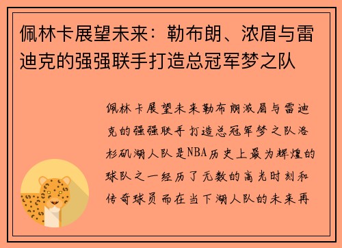 佩林卡展望未来：勒布朗、浓眉与雷迪克的强强联手打造总冠军梦之队